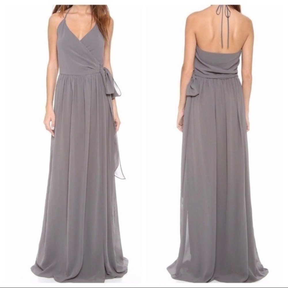 Joanna August Ceremony DC Halter Wrap Full Length Maxi Dress Gown in Smoke NWT